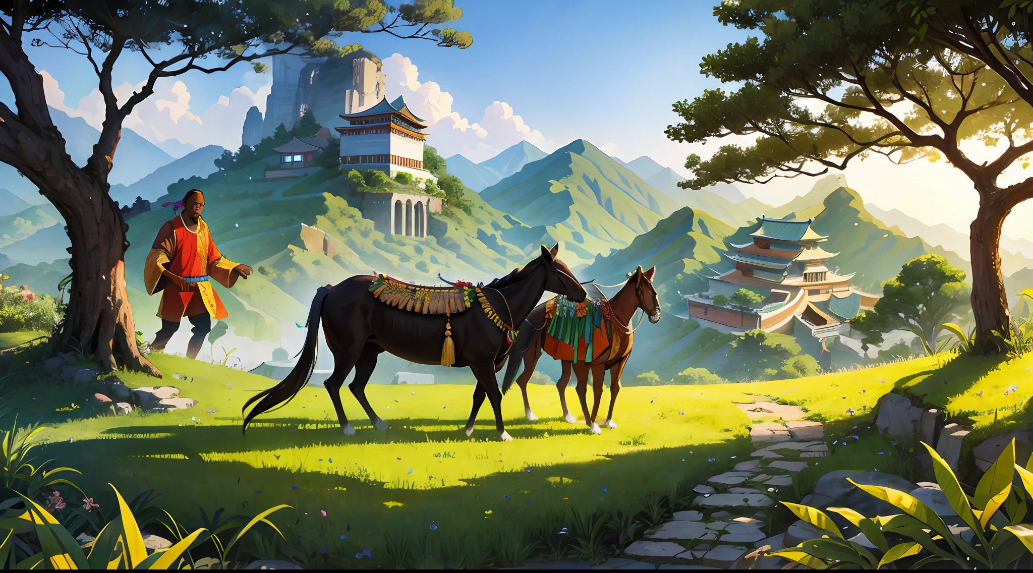 Create an illustration that depicts an ancient encounter between Africans and Chinese amidst a lush landscape. Highlight the distinct physical and cultural characteristics of both groups, symbolizing their shared ancestry.