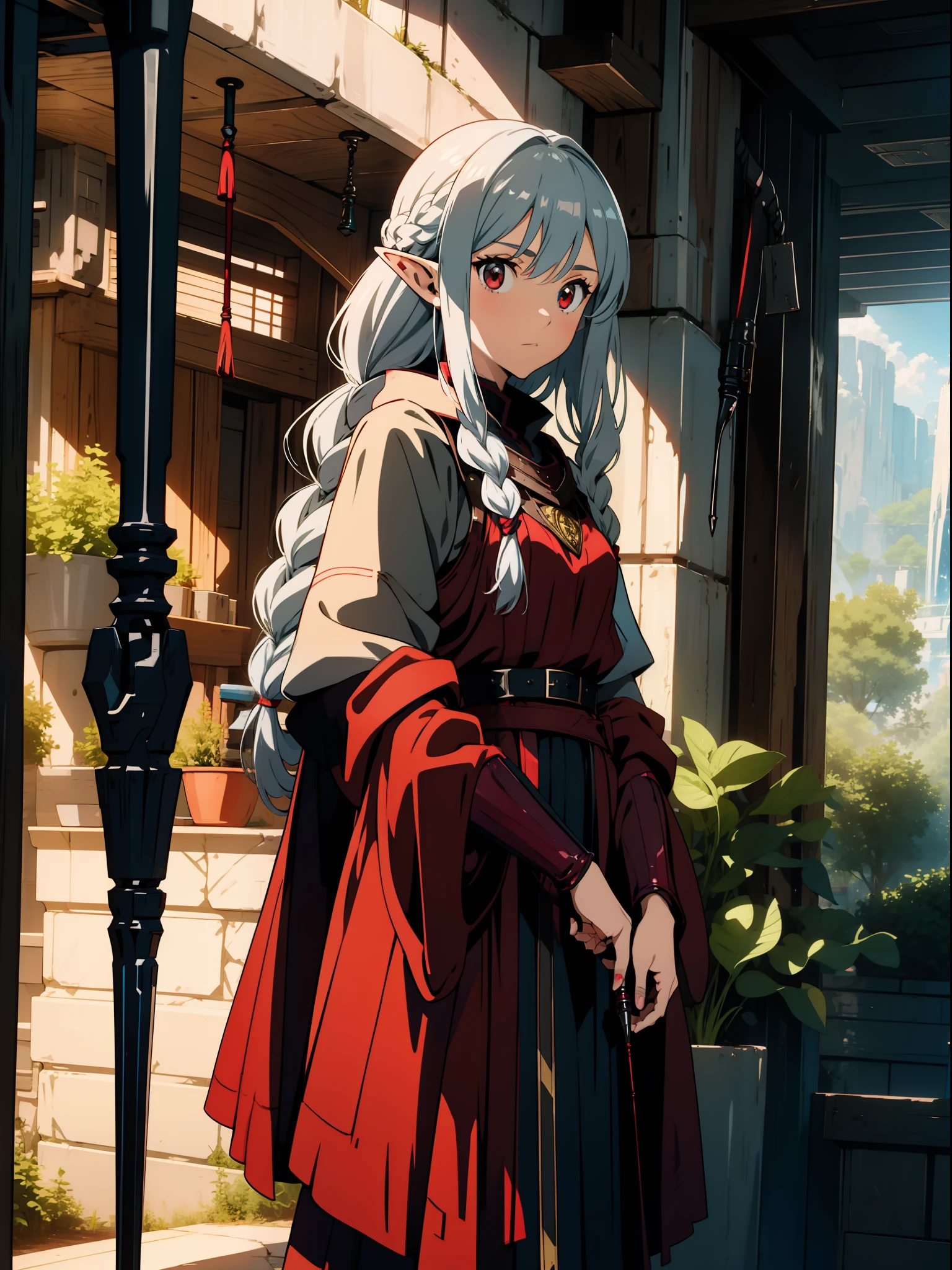 1 girl closeup, elf wizard, silver hair, red eyes, braid, leather armor, adventurer style, holding a wand, concept art, beautiful anime scene, beautiful anime scenery, top rating on pixiv, best quality, 4K