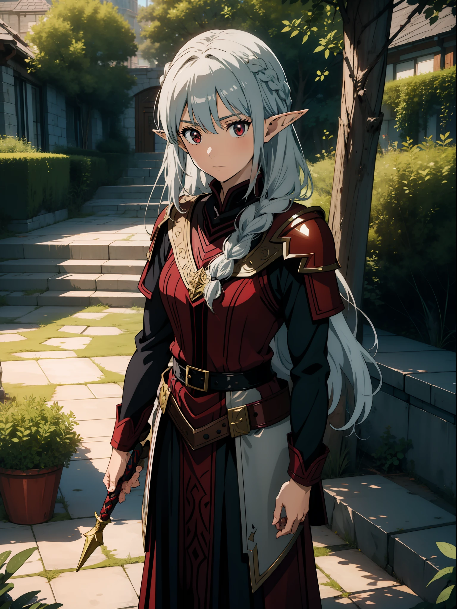 1 girl closeup, elf wizard, silver hair, red eyes, braid, leather armor, adventurer style, holding a wand, concept art, beautiful anime scene, beautiful anime scenery, top rating on pixiv, best quality, 4K