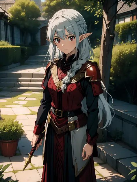 1 girl closeup, elf wizard, silver hair, red eyes, braid, leather armor, adventurer style, holding a wand, concept art, beautifu...
