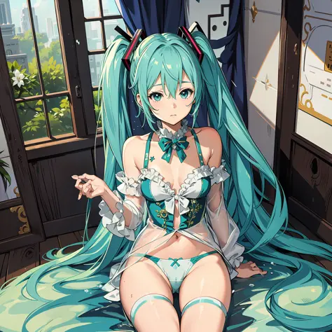 Hatsune Miku without clothes Seductive anime girl exposed panties sitting with legs open