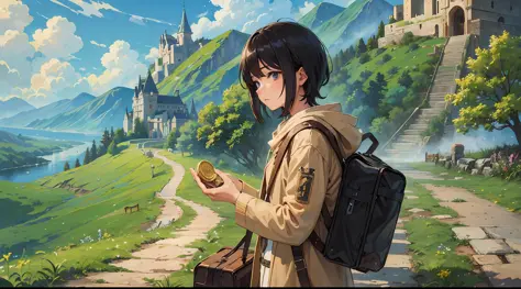 (masterpiece), (best quality), (anime), (rustic), (old), 1young traveler holding 1coin on a road near a beautiful castle (coin) ...