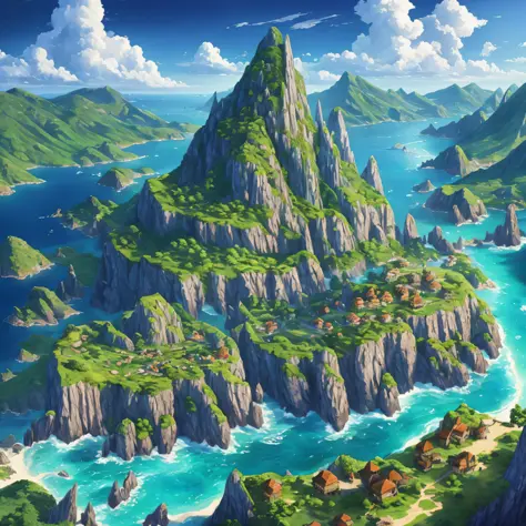 Absurd, masterpiece, high quality, highly detailed, Islands, sea, islands with small mountains, dark forest, aerial view, scenery, RPG style, manga style, UHD --auto --s2