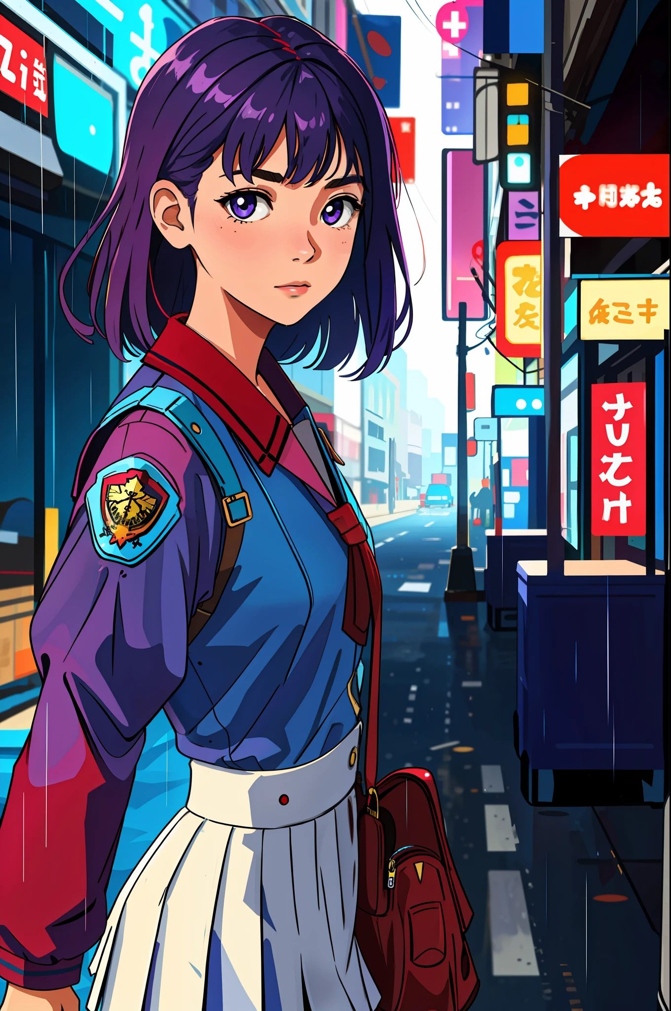 masterpiece, highest quality, realistic, subsurface scattering, chromatic lighting,

colorized, red + white + purple + blue limited color palette, detailed concept drawing, line-art, illustration,
fashion,

close-up of 18yo 1girl,small breasts,
shy,
bangs hair, 
urban outfit,
sleeves,
pleated,
metallic,


city,
school, people,
rain
blurred background