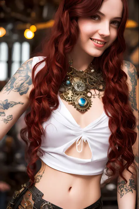 A steampunk girl at a party, (white top: 1.2), medium breasts, black and blue leather, tattoo, hyperdetailed, ultra-sharp, long red hair, 8K, (insanely detailed: 1.5), full body photography, 20 megapixels, Canon EOS R3, detailed skin, pale skin, smiling