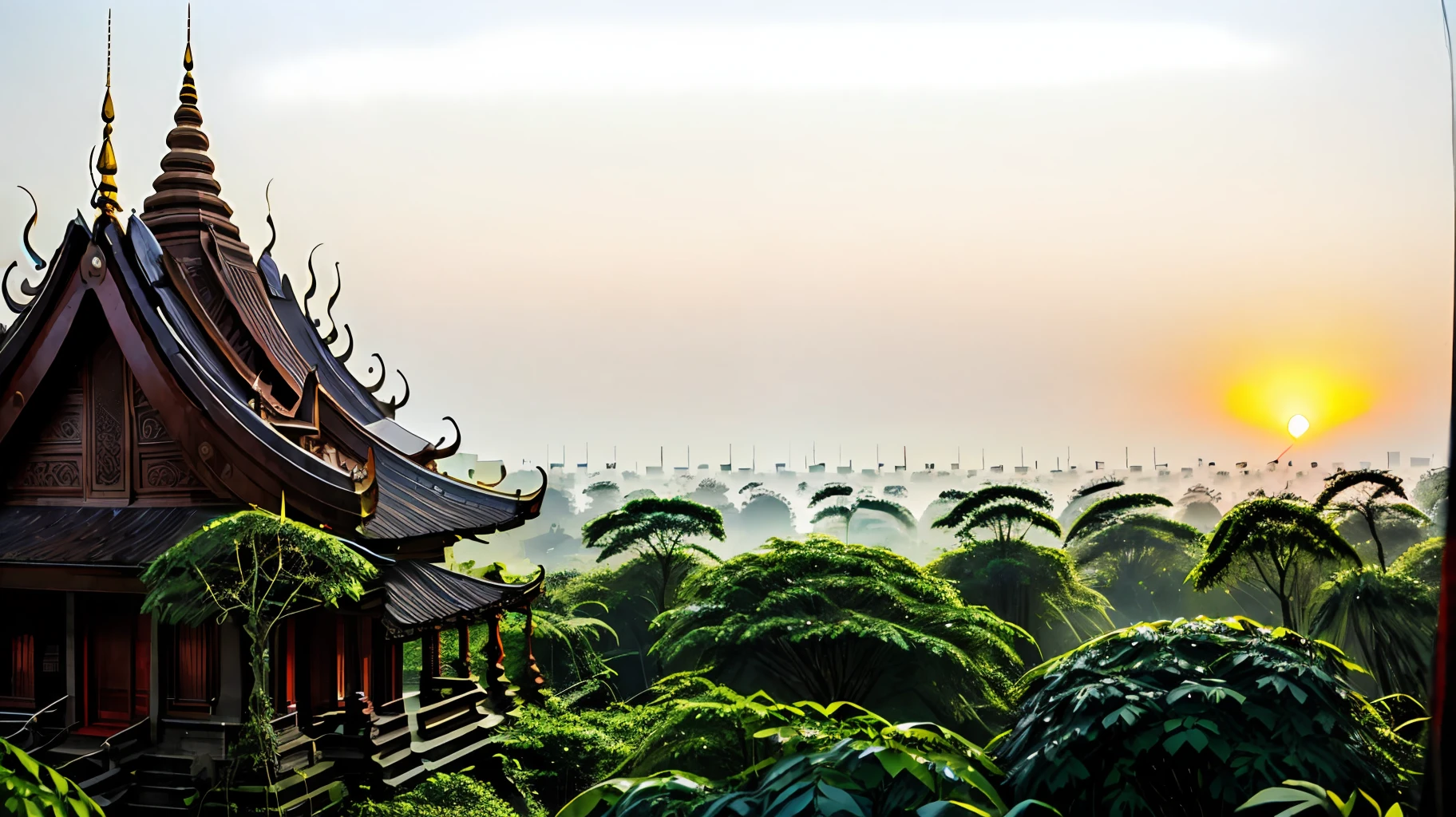 Die Morgensonne in Thailand scheint in den Wald, daneben ist ein Tempel, Es gibt ein paar Lichter im Tempel, die Umgebung ist neblig, und es gibt große Gastbäume neben dem Tempel