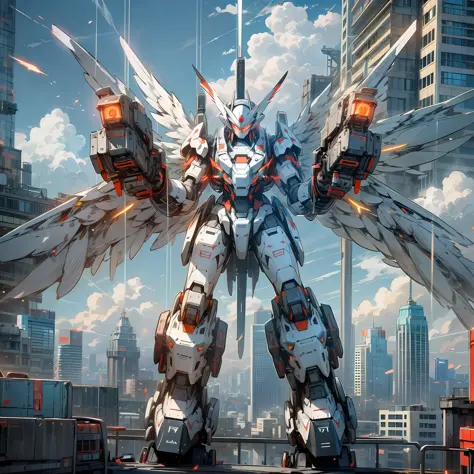 sky, cloud, holding_weapon, no_humans, glow, , robot, building, glowing_eyes, mecha, science_fiction, city, reality, mecha, red parts, white parts, mecha wings, robot wings, --auto --s2