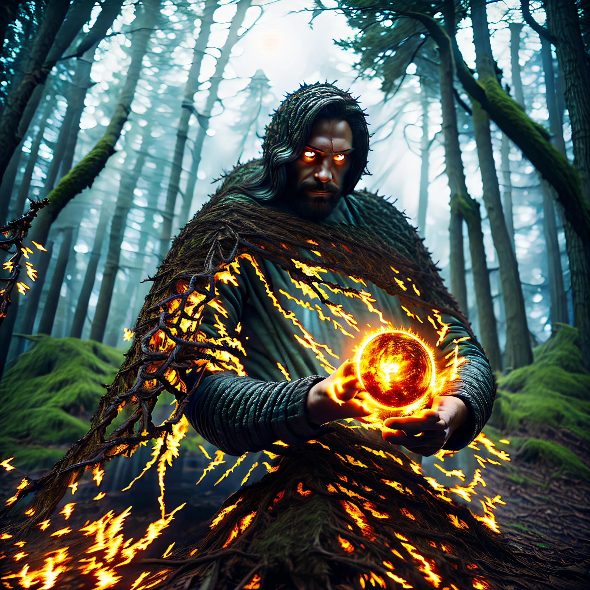 mago, na floresta escura, luar, bola de fogo nas mãos, 5 elementos