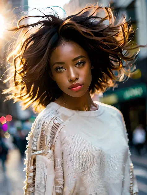 portrait of an insanely stunning beautiful sexy Afro-American woman in a city environment, messy windy light brown hair, flippin...