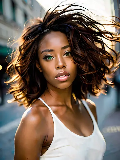 portrait of an insanely stunning beautiful sexy Afro-American woman in a city environment, messy windy light brown hair, flipping hair, green eyes, symmetrical face, dramatic lighting, Chaotic atmosphere, sharp eyes, (extreme skin details) ultra realistic,...