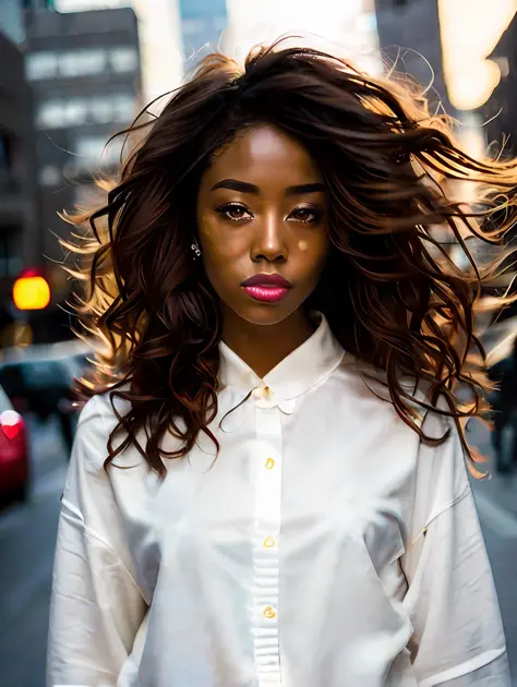 portrait of an insanely stunning beautiful sexy Afro-American woman in a big city environment, messy windy light brown hair, fli...