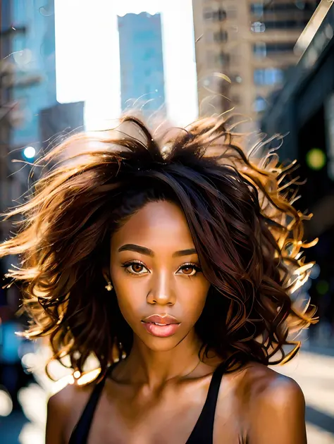 portrait of an insanely stunning beautiful sexy Afro-American woman in a big city environment, messy windy light brown hair, fli...