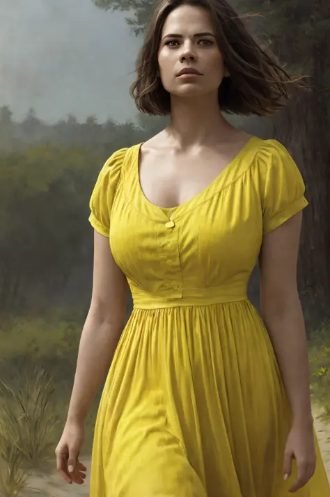 (Thirty year old) woman, wearing a (yellow summer dress::1.3), beautiful legs, dreamy photo, dramatic pose, looking directly at ...