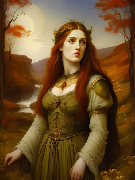 (((Pre-Raphaelite painting))) druid, Angelic being with masculine affections, a creator being of the universe, mythology, In the background of the image, a scenario of celestial mountains, orange clouds, with strong and striking features, and mythological ...