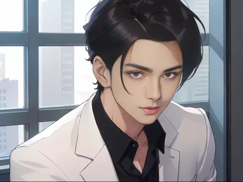 anime man in white suit and black shirt looking at camera, anime handsome man, anime portrait of a handsome man, handsome guy in...
