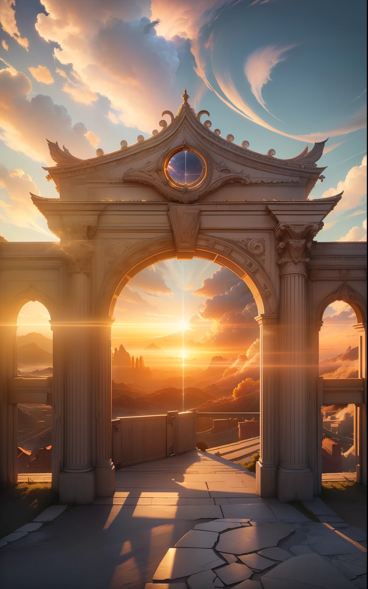 (extremely detailed CG unity 8k wallpaper, masterpiece, best quality, ultra-detailed),(best illumination, best shadow, heavenly golden sky gate, beautiful scene, voluminous clouds:1.2, particles, ethereal atmosphere)