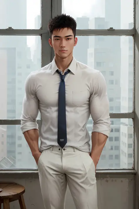 1man, a 20-year-old muscular man, wearing a long-sleeved white shirt and tie, hands in trouser pockets, body structure correct, ...