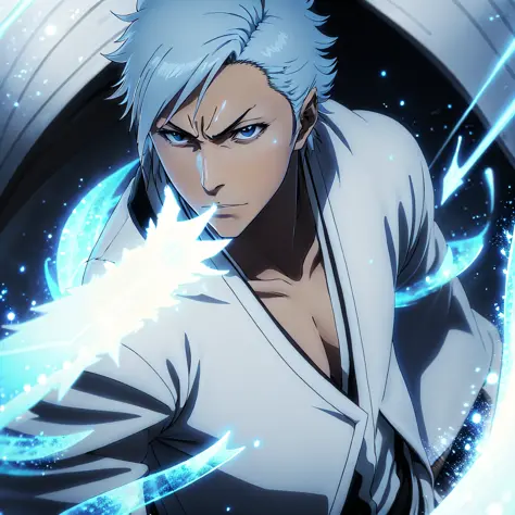 bleach anime character, quincy, white and blue clothes using a magic arrow