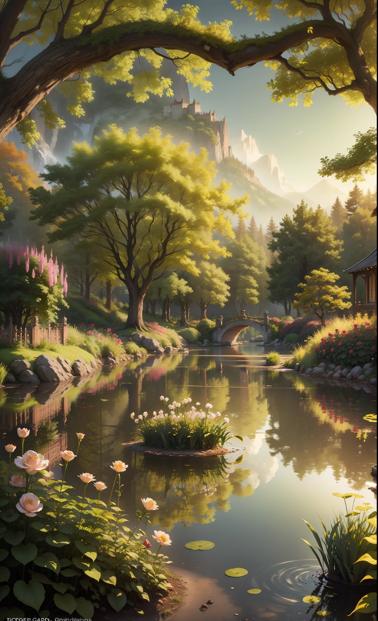 El jardín del Edén en el cielo, Precioso paisaje, mágico, etéreo, dorado, árboles, lago, arbustos, flores