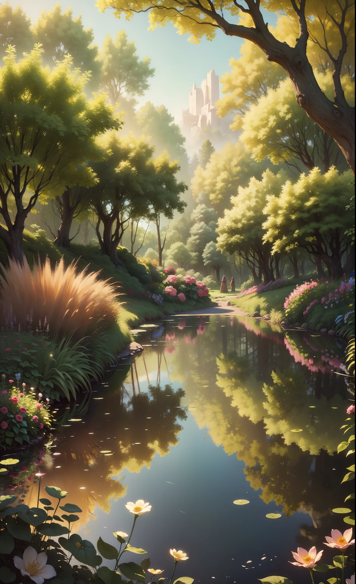 Eden's garden in heaven, beautiful landscape, magestic, ethereal, golden, trees, lake, bushes, flowers