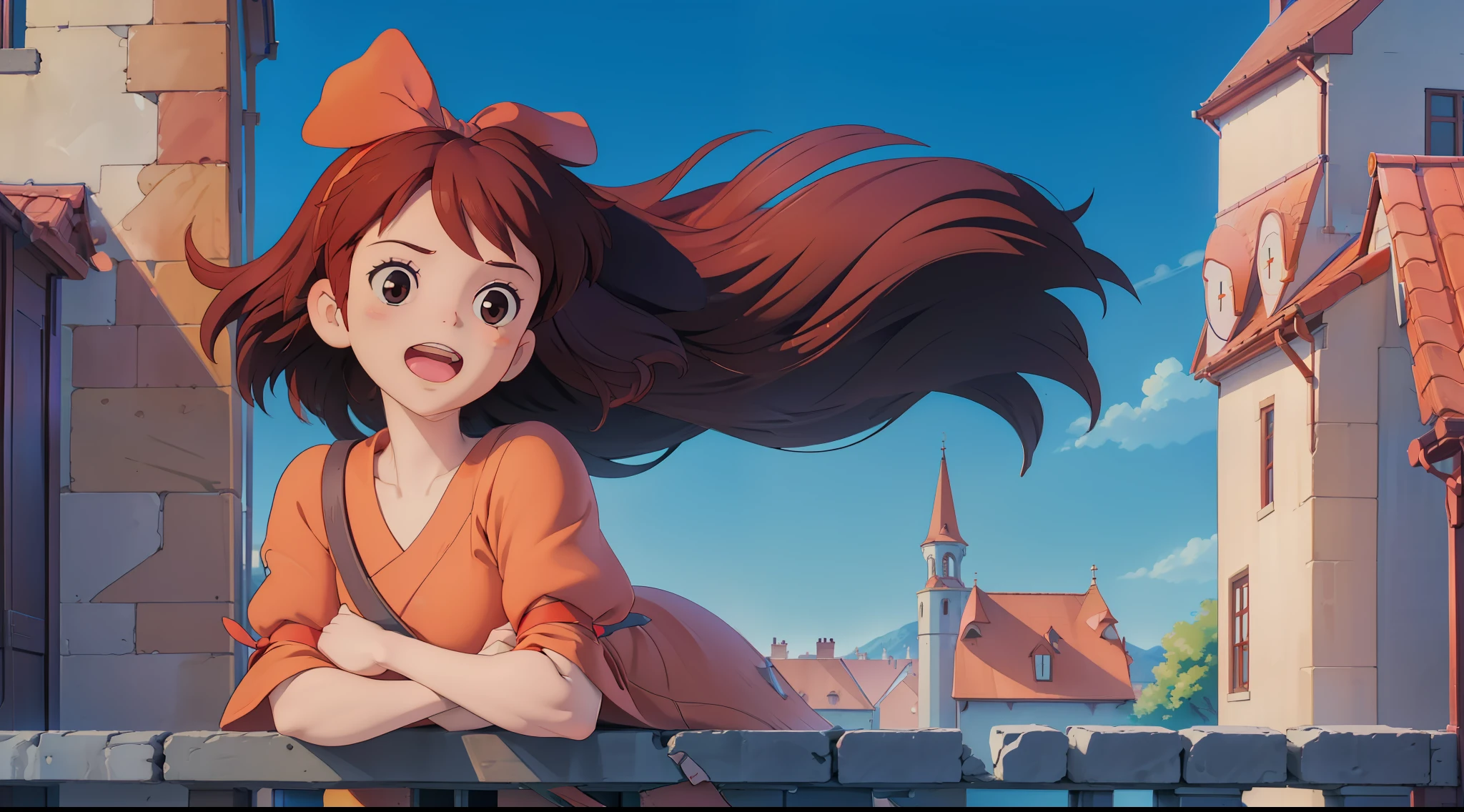 (masterpiece:1.2), (hig quality:1.2), 1girl, full view shot of beautiful kikideliveryservice, happy, big red hairtie, high details, realistic, photography, beautifull bright detailed medieval city at background, softfocus