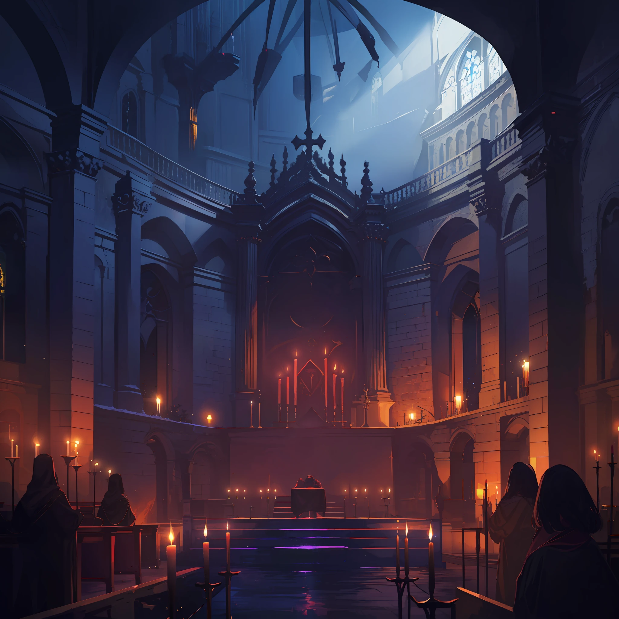 (foreground of a Massive crowd of worshipers, inside a church, desks, wall, giant pillars, candles, chandeliers, dark worshiping room, distant gigantic sacrifice altar,  blood, crimson magic circle, life stream, glowing blue soul lights, perspective,