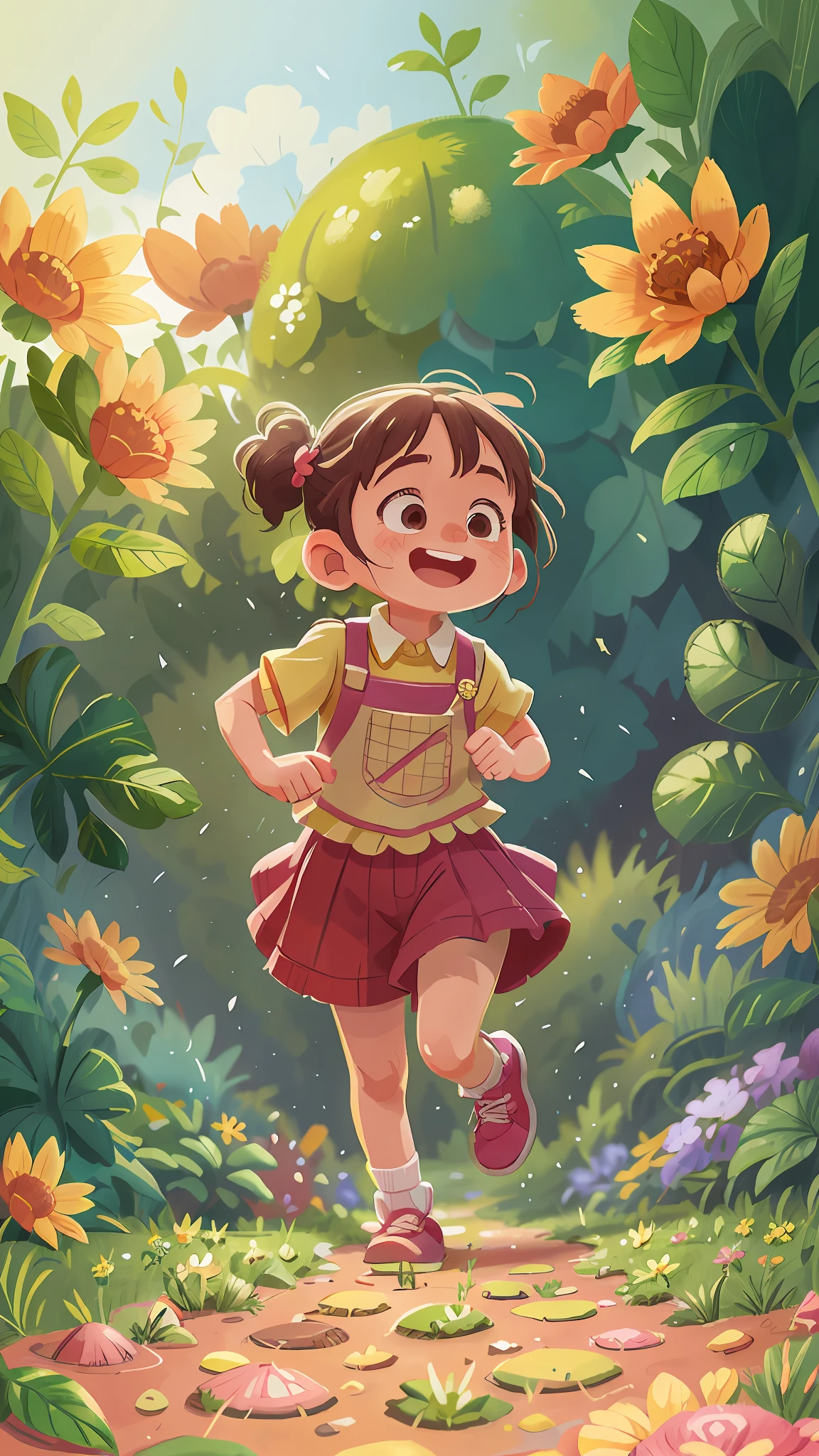 A 6-year-old girl is running in a garden, she is wearing gardener's clothes, is happy, laughing, perfect quality, clear focus (mess - house: 0.8), (masterpiece: 1.2) (Realistic: 1.2) (Bokeh) (Best quality) (Detailed Skin: 1.3) (Intricate Details) (8K) (Eye Detail) (Sharp Focus), (Happy)