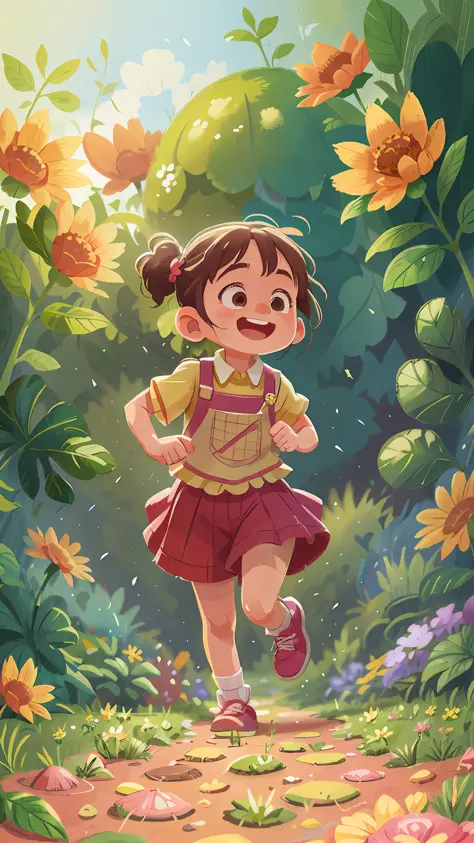A 6-year-old girl is running in a garden, she is wearing gardener's clothes, is happy, laughing, perfect quality, clear focus (m...