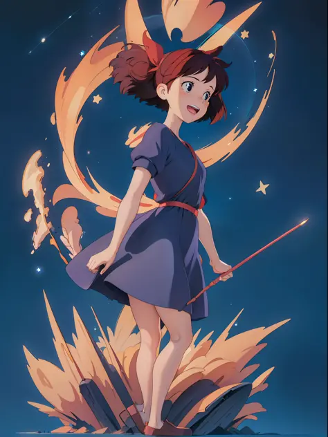 (masterpiece:1.2), (hig quality:1.2), 1girl, full body Kiki, happy, big red hairtie, dark blue short dress, surrounded by stars,...
