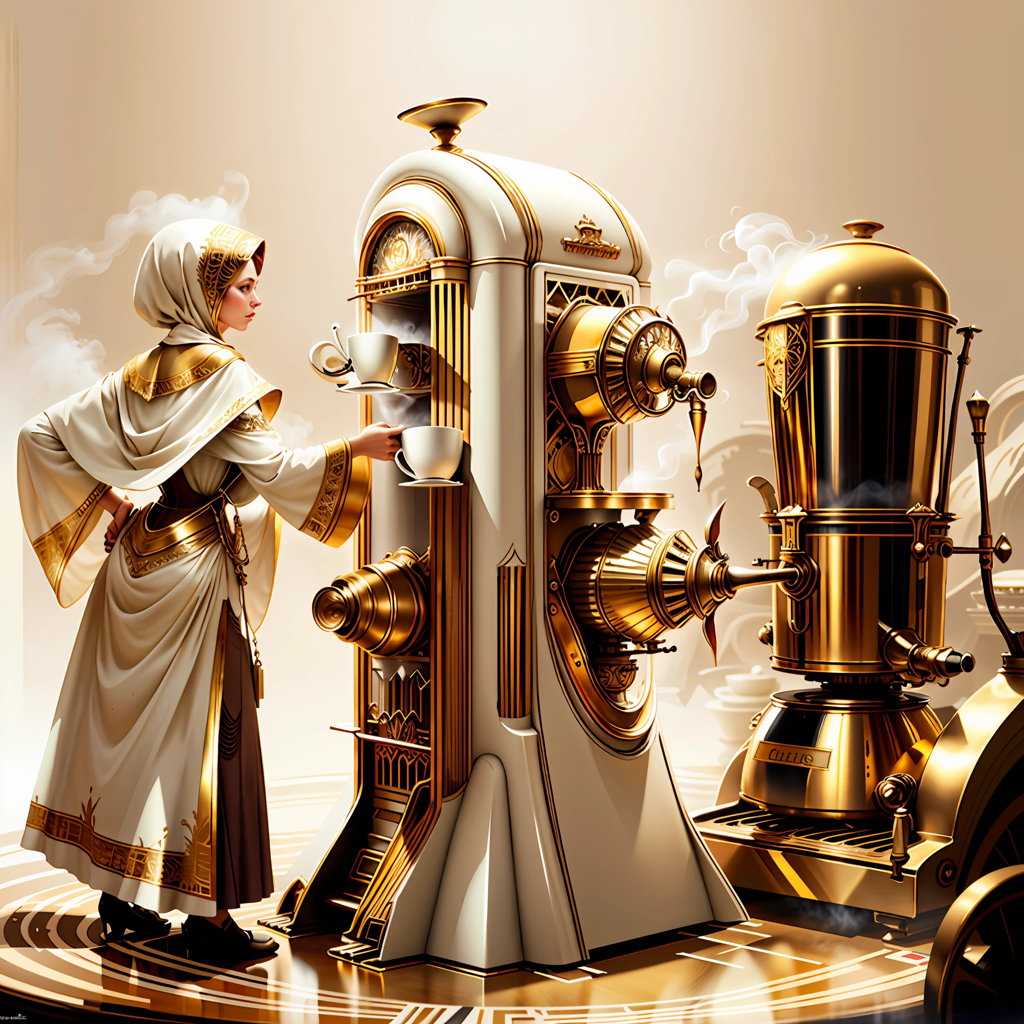 concept art, white background, 
ArtDecoAI Gold
coffee machine 
Circumstantiated woman in the background
