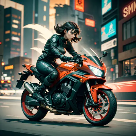 woman riding a motorcycle in a high speed chase, cyber punk, colorful lights on motorcycle, wearing tight fit red and black clothing, motion blur virtual effect, driving motor cycle fast down a city street at night, dramatic action scene, dark and tense, s...
