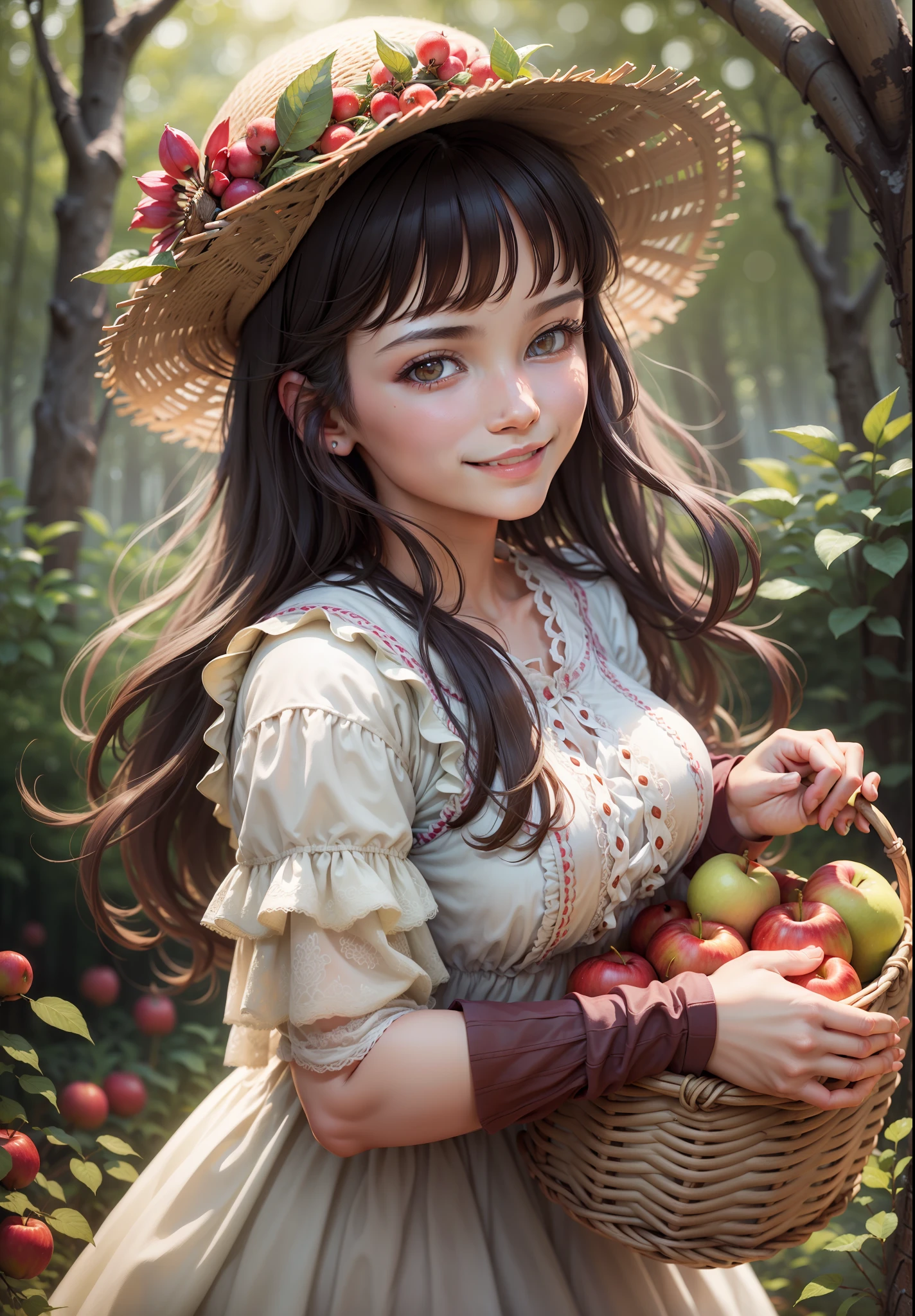 "((最好的品質)), 超詳細, 美丽的农家女孩特写, 碎花連身裙, 微笑著, 在森林裡, 拿着一篮子苹果, 柔和的燈光, 散景效果, 凉爽舒适的天气"
