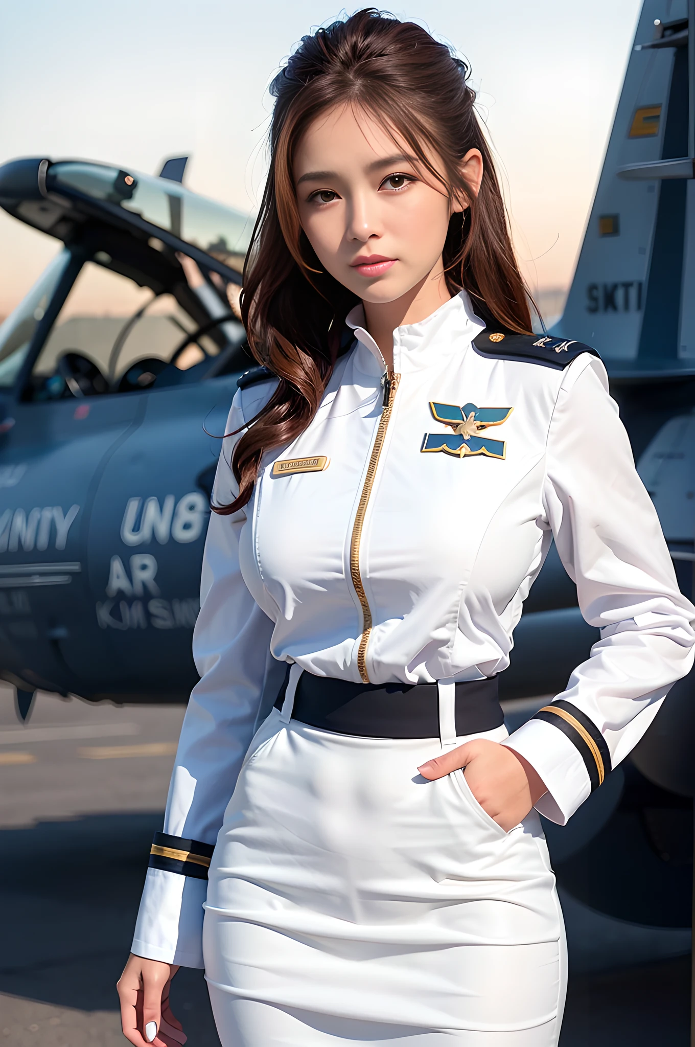 (Best quality, 8k, 32k, Masterpiece, UHD:1.2), (realistic:1.5), (masterpiece, Extremely detailed CG unity 8k wallpaper, best quality, highres:1.2), (ultra detailed, UHD:1.2), Photo of extremely cute and beautiful Japanese woman, (chestnut long wavy hair:1.2), adult, (detailed beautiful girl:1.4), best quality, woman, adult, (detailed US air-force pilot uniform:1.5), (white pilot captain jacket:1.3), (white high-waist pencil skirt:1.3), (Beautiful sunset US air force base runway view background:1.2), embarrassed laughing:1, looking at viewer, facing the viewer, ((perfect female body)), (narrow waist:1.2), (upper body image:1.3), slender, abs, (large breasted:1.25), ((frame the head)), wind, dynamic pose, cinematic light, back light, detailed clothes, perfect anatomy, perfect proportion, detailed human body, stylish model pose,