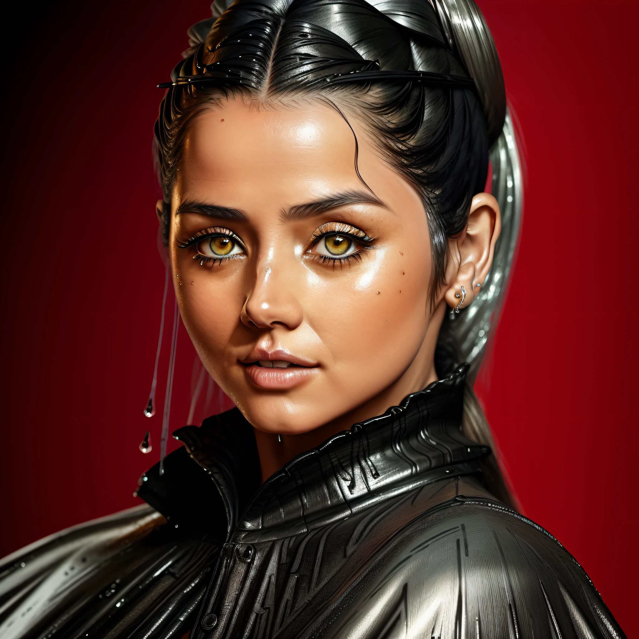 Ana de Armas, full body, (walking: 1.1), (slow motion: 1.2), assassin wearing a black cloth made of liquid paint, dripping wet mascara, raining, wet, red cloak, (insanely detailed: 1.5), concept art, 4k), (colorful), (high sharpness), ((detailed pupils)), red eyes, ((painting: 1.1)), (digital painting: 1.1 ), detailed face and eyes, masterpiece, best quality, highly detailed photo: 1, 8k,  detailed, photorealistic face, (silver hair, ponytail haircut, ecstatic: 1.1), (older woman: 1.3),