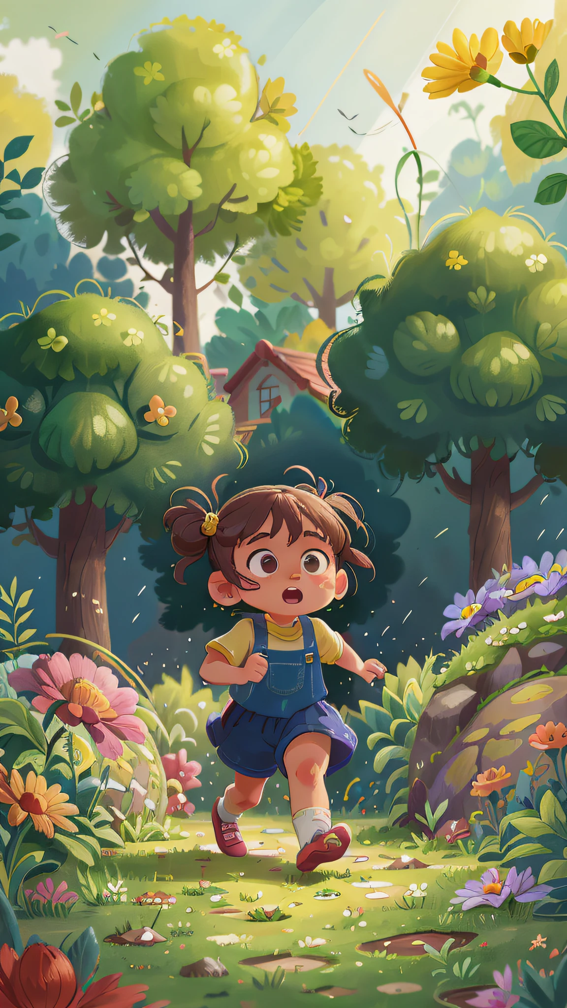 A 6-year-old girl is running in a garden, she is wearing gardener's clothes, is scared, scared, perfect quality, clear focus (mess - house: 0.8), (masterpiece: 1.2) (Realistic: 1.2) (Bokeh) (Best quality) (Detailed Skin: 1.3) (Intricate Details) (8K) (Eye Detail) (Sharp Focus), (Unhappy)