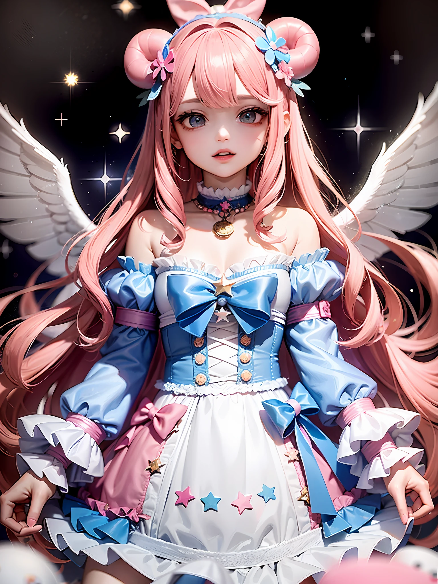 1girl, cute decora, kawaii, many hairclips, demon candy horns, candy-looking horns, lolita-fashion style dress, harajuku, street fashion, adorable style, pastel color palette, soft and muted colors, washed out colors, a lot of pink, rainbow multicolored hair, rainbows, cute fantasy rpg, hair accessories, bows, ribbons, star decorations, wings, clouds, sparkly, sparkles