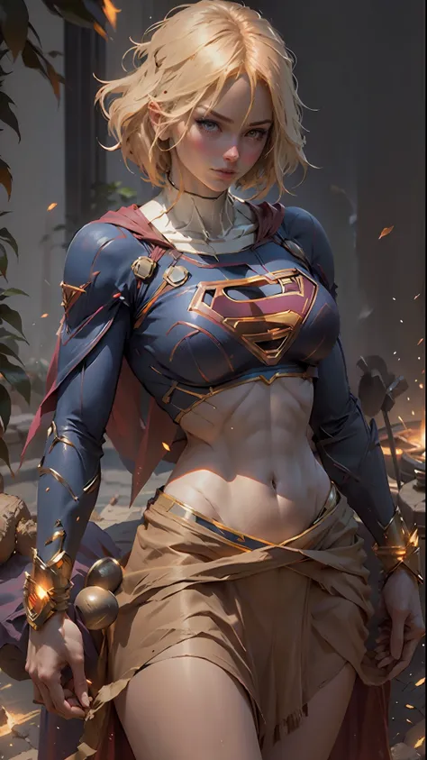 beautiful woman short hair defined body big breasts, wearing supergirl cosplay