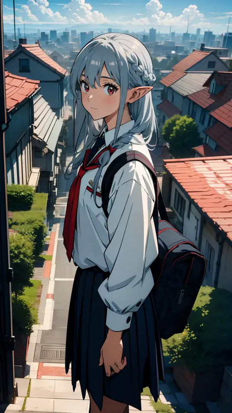 Overlooking the city, close up of one girl, elf, silver hair, red eyes, braid, school uniform, walking, school scene, concept ar...