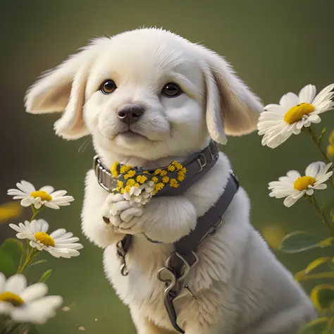 yellow dog, anthropomorphic, vest, big eyes, cute, melancholy, blurry, hands, white flowers, real, depth of field, deep shadow, ...