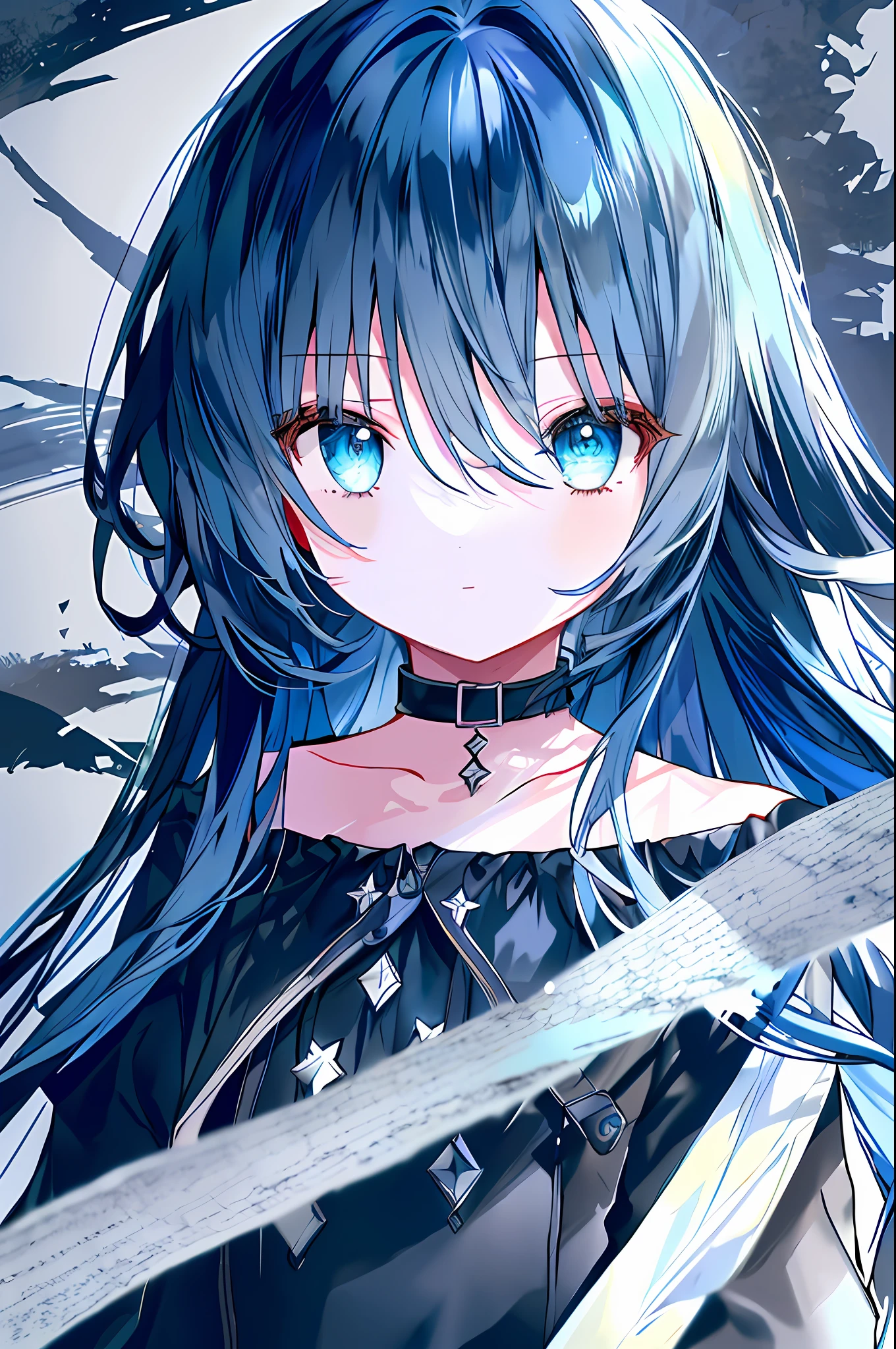 Masterpiece, high-detailed, ultra resolution, 1girl, solo, standing, upper-body, face only, close-up, light aqua hair, aqua eyes, , (colored inner hair, dark blue hair:1.2), long hair, wavy hair, hime cut, straight hair, sidelocks, black shirt, high collar, open collar, collarbone, simple background, white background, boring background,