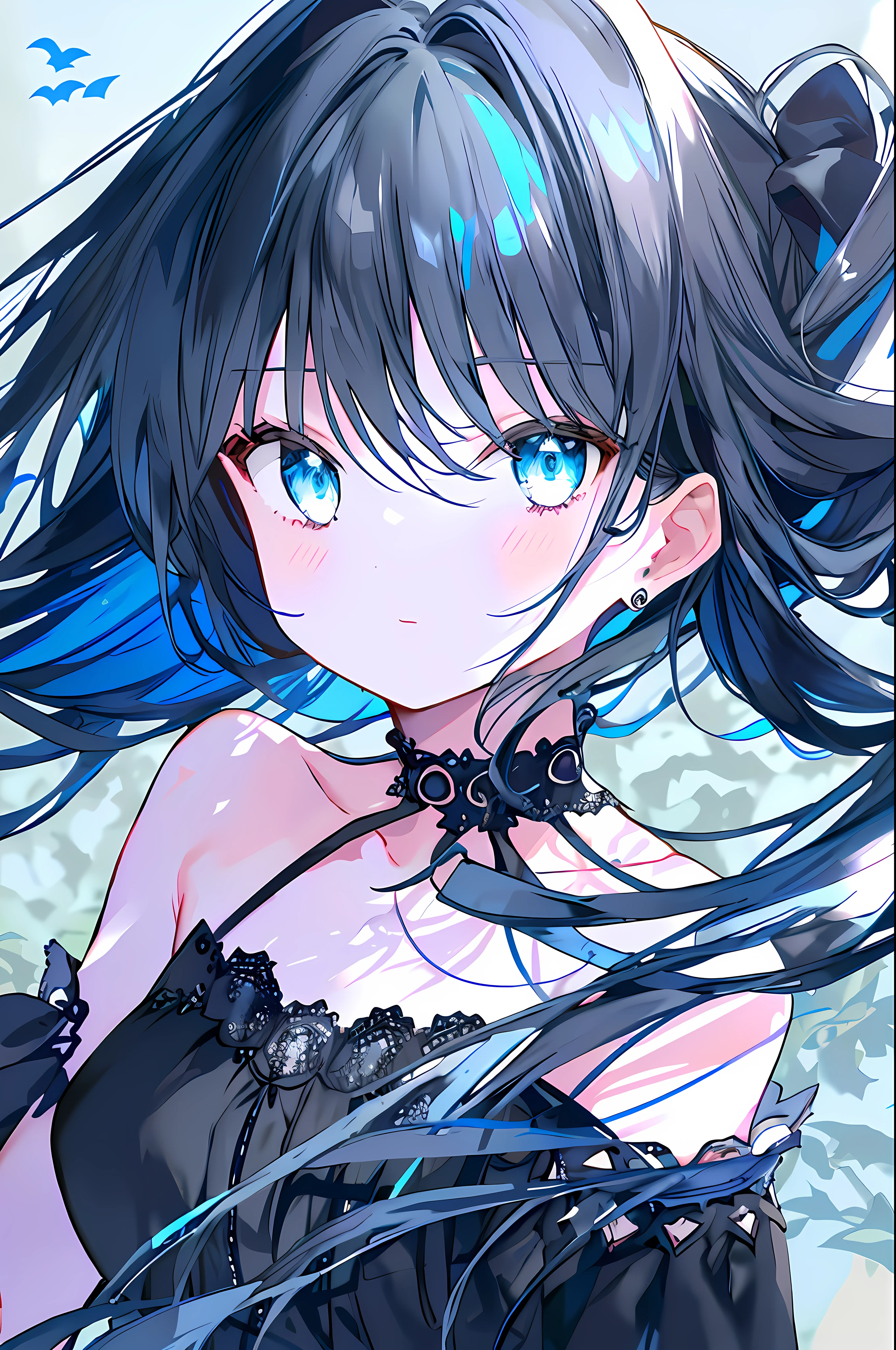 Masterpiece, high-detailed, ultra resolution, 1girl, solo, standing, upper-body, face only, close-up, aqua hair, aqua eyes, , (colored inner hair, dark blue hair:1.2), long hair, wavy hair, hime cut, curly hair, sidelocks, black shirt, high collar, open collar, collarbone, simple background, white background, boring background,