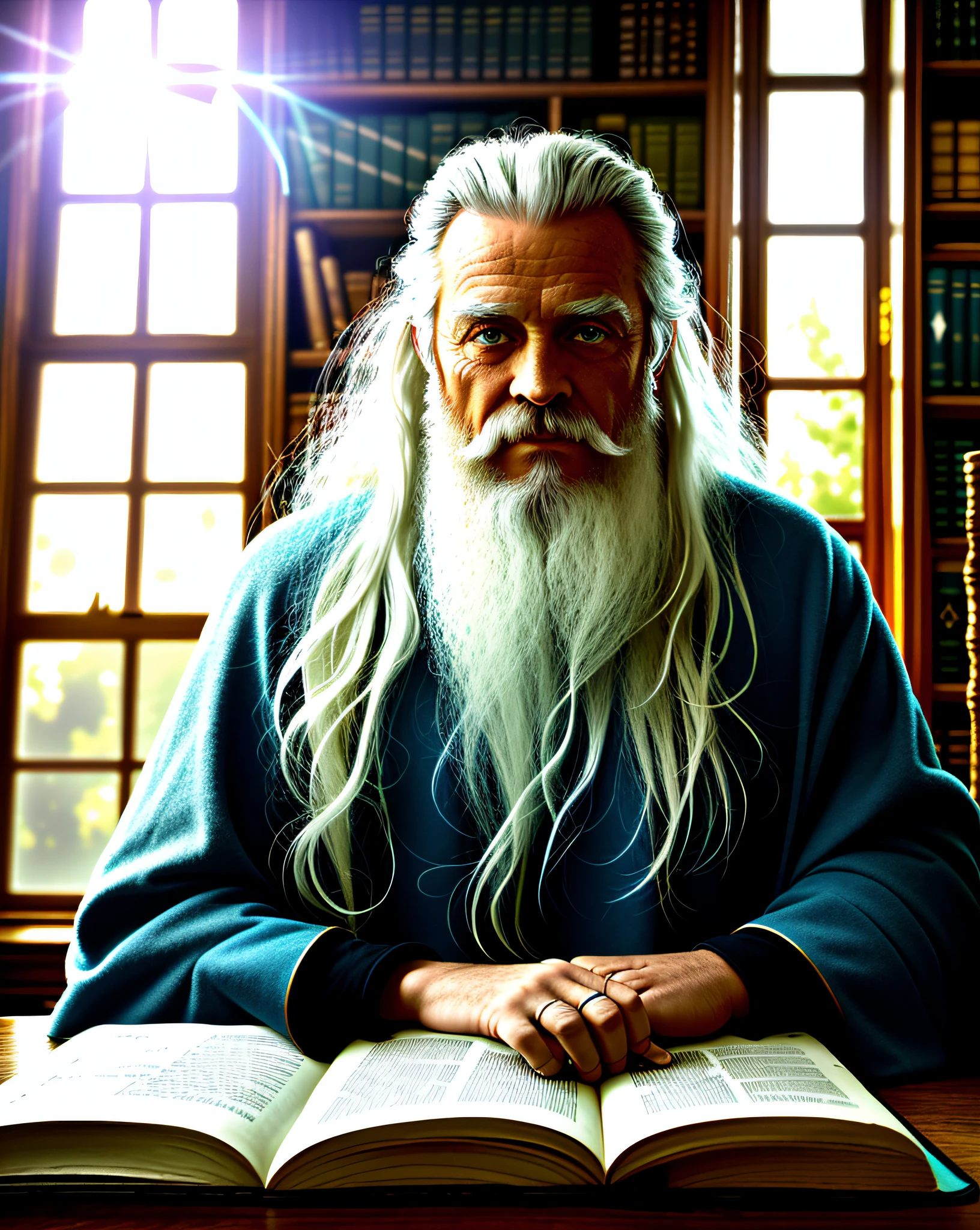 award-winning waist up photo of a rugged fantasy lord, wearing torn wizard robes, old and wrinkled, long white hair and beard, blue eyes, library, books in the foreground, large window in the background, fantasy, wonder, amazing, magical tools on the desk in the background, bright wizard's office or office, high contrast, bright skin,  backlighting, flower, light glows, chromatic aberration, sharp focus
