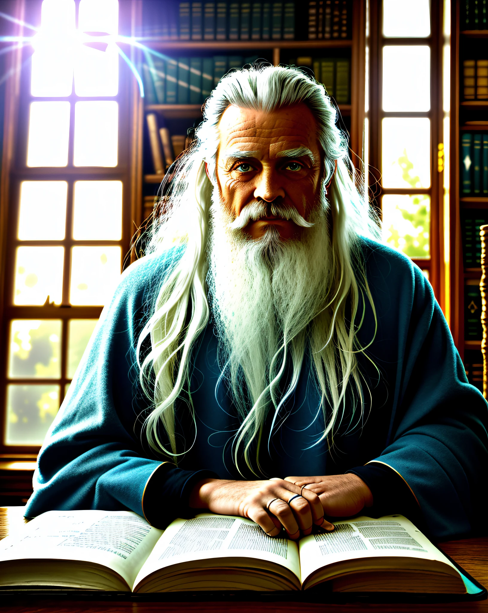 award-winning waist up photo of a rugged fantaisie lord, portant des robes de sorcier déchirées, vieux et ridé, longs cheveux et barbe blancs, yeux bleus, bibliothèque, livres au premier plan, grande fenêtre en arrière-plan, fantaisie, merveille, Incroyable, outils magiques sur le bureau en arrière-plan, bureau de magicien brillant ou bureau, Contraste élevé, peau claire,  rétroéclairage, fleur, la lumière brille, aberration chromatique, netteté