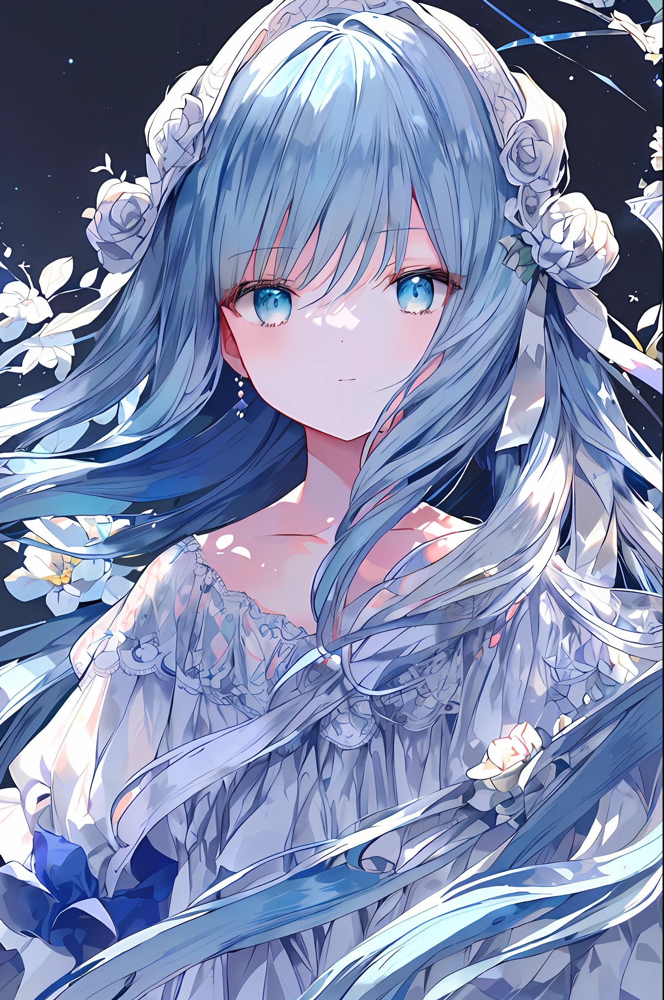 (Masterpiece, high-detailed, ultra resolution, clear, soft art) (looking at the side, looking at the left:1.3), 1girl, solo, standing, upper-body, face only, close-up, light aqua hair, aqua eyes, , (colored inner hair, dark blue hair:1.2), long hair, wavy hair, hime cut, straight hair, sidelocks, black shirt, high collar, open collar, collarbone, simple background, white background, boring background,