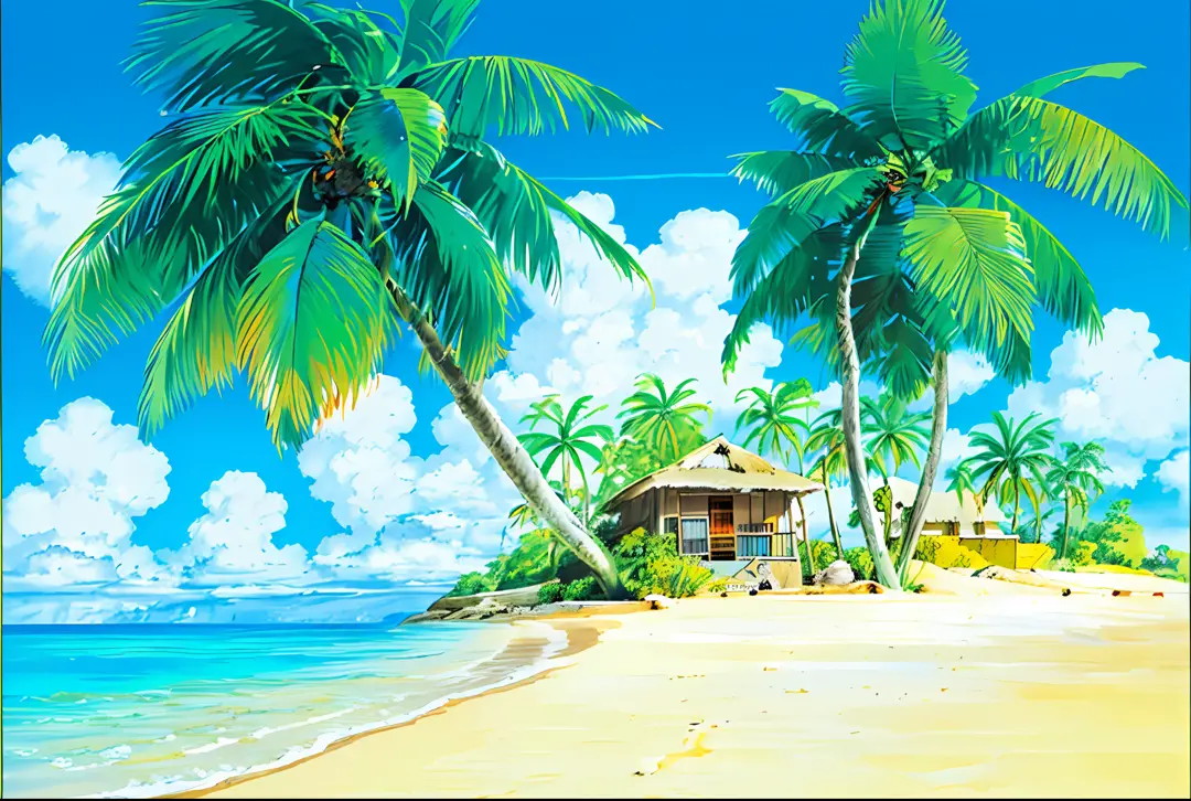 (((best quality))), high saturation, clear, reasonable structure, cartoon style, architecture, beach, boat, hut, palm tree, sand...