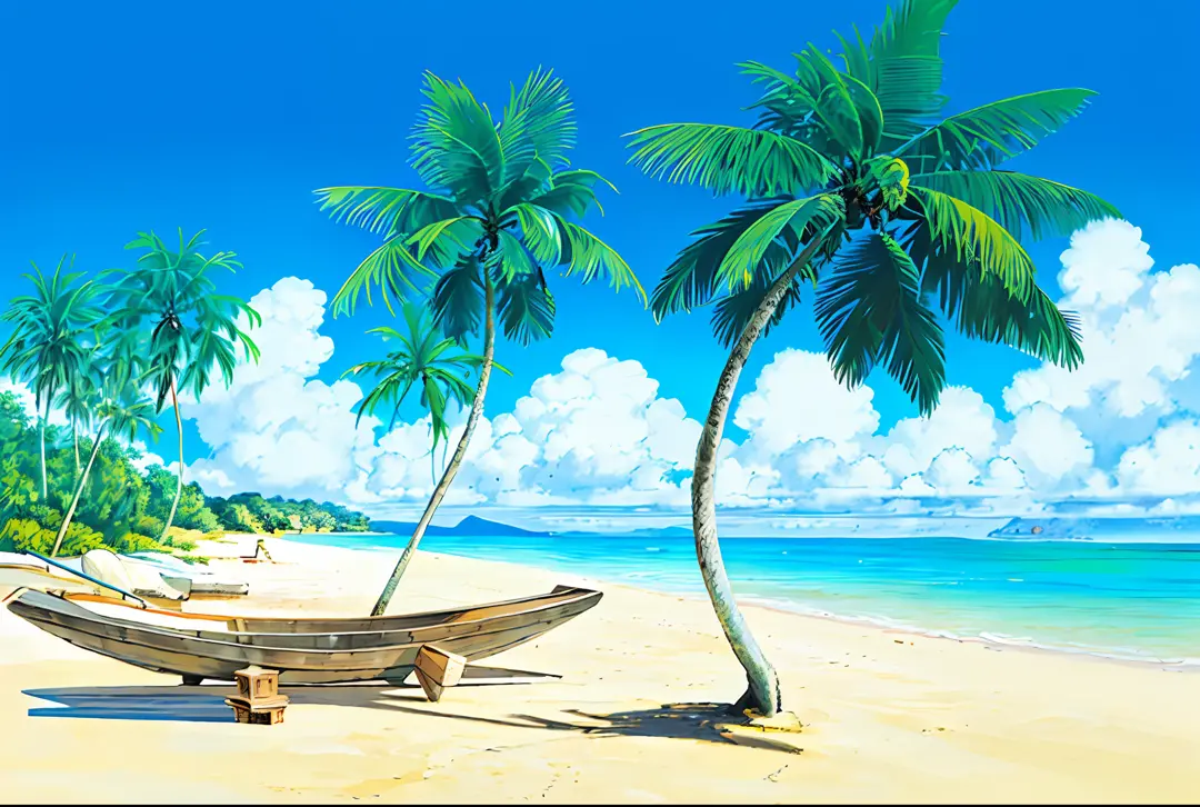 (((Best Quality))), high saturation, clear, reasonable structure, cartoon style, architecture, beach, boat, hut, palm tree, sand...