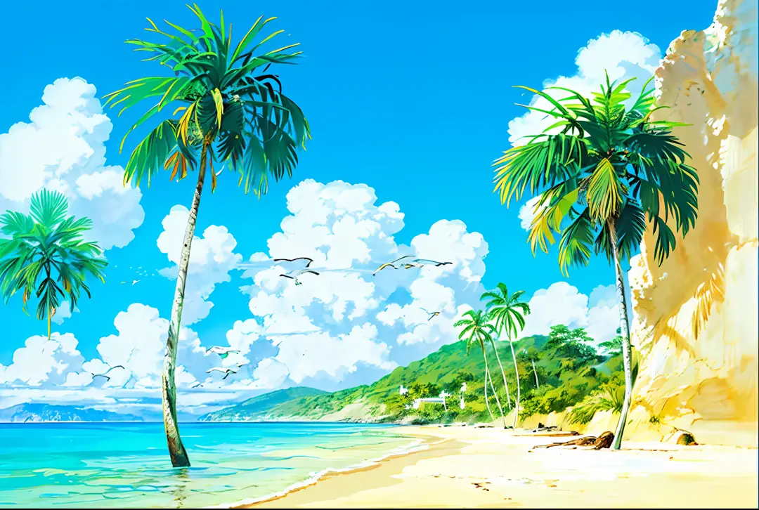 (((best quality))), high saturation, clear, reasonable structure, cartoon style, architecture, beach, boat, hut, palm tree, sand...