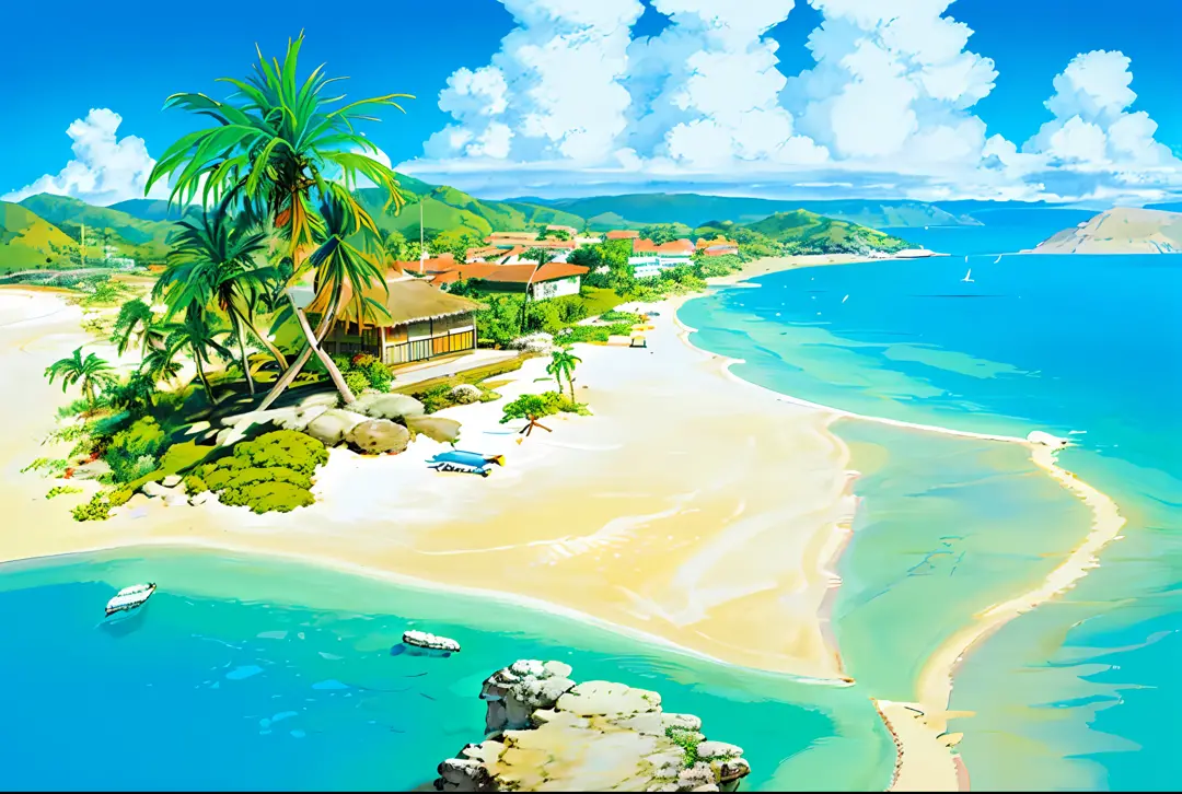 (((best quality))), high saturation, clear, reasonable structure, cartoon style, architecture, beach, boat, hut, palm tree, sand...