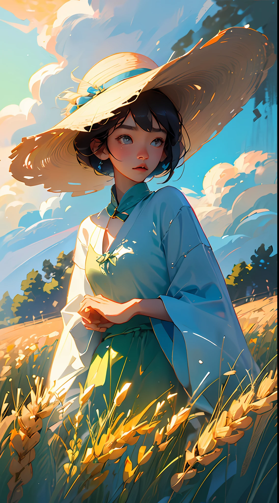 A peasant uncle with a straw hat stands in a wheat field, big clouds, blue sky, rice field, neat rice seedlings in the field, forest, hillside, secluded, countryside, HD detail, hyperdetail, cinematic, surrealism, soft light, deep field focus bokeh, ray tracing and surrealism. --v6