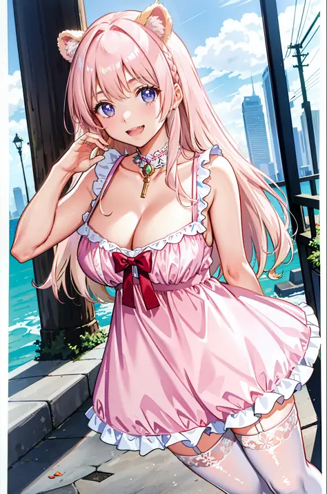 (leaning over:1.4), (masterpiece:1.2, best quality), (real picture, intricate details), 1girl, solo, absurdres, cowboy shot, standing, outdoors, :3, smile, bear girl, bear ears, ((light pink dress)), white thighhighs, platinum blonde hair, gray blue eyes, ...